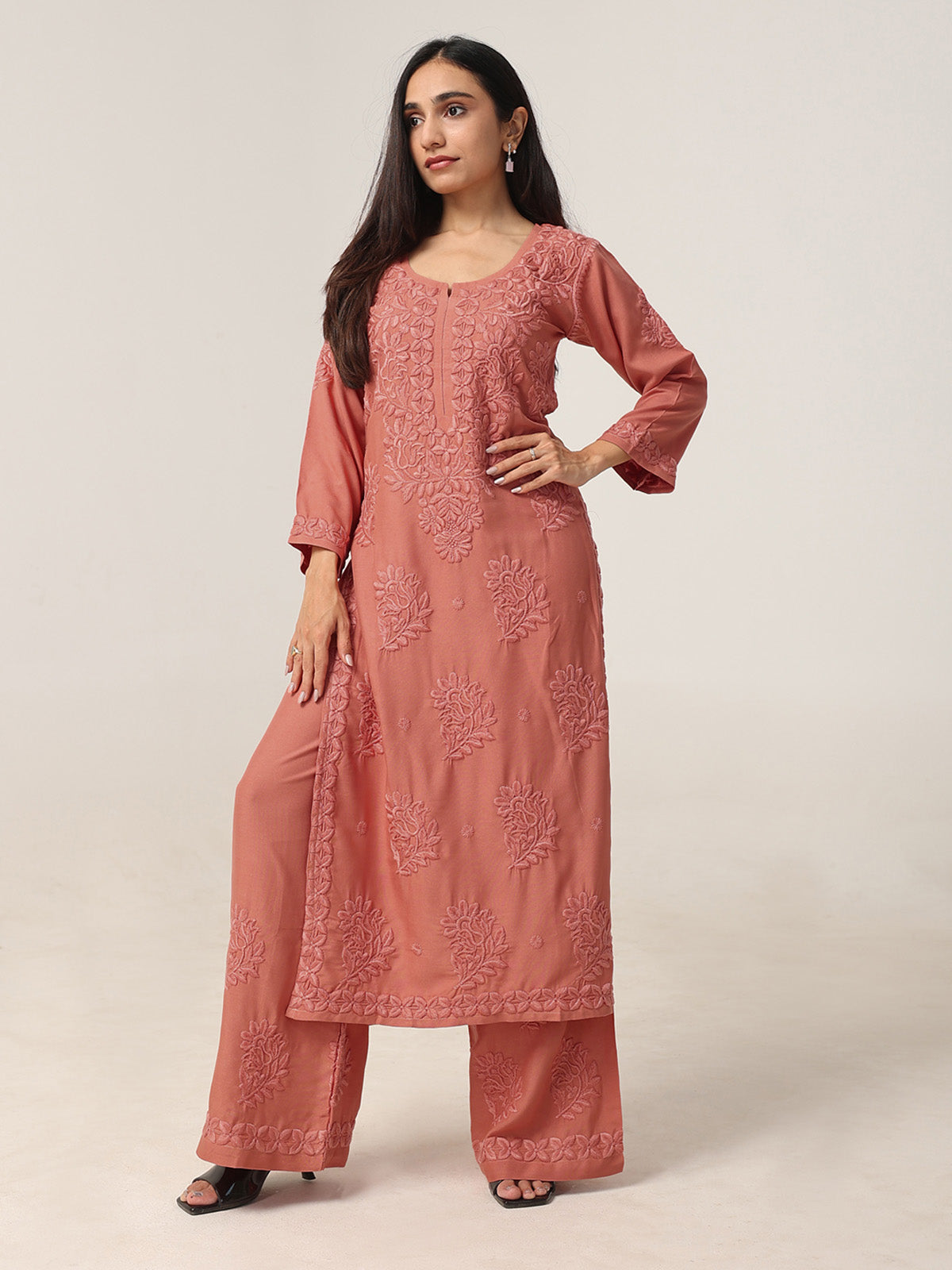 Avira Rose Peach Floral Embroidered Kurta with Palazzos
