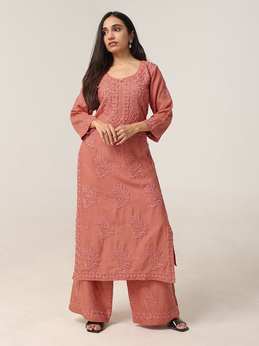Avira Rose Peach Floral Embroidered Kurta with Palazzos