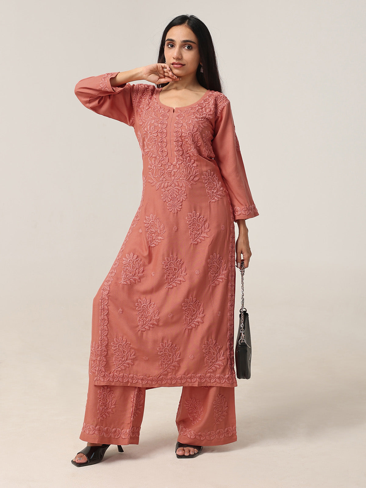 Avira Rose Peach Floral Embroidered Kurta with Palazzos