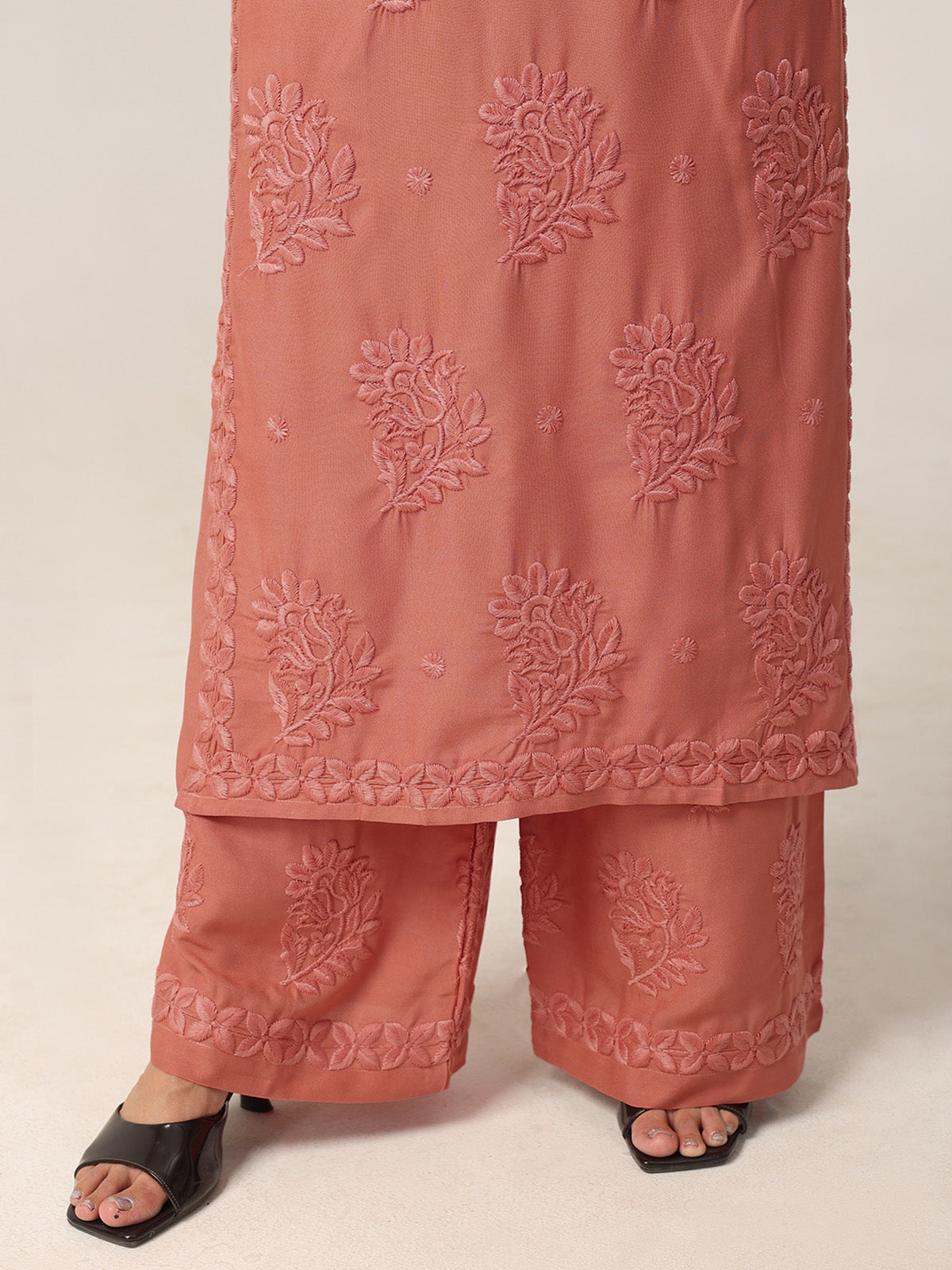 Avira Rose Peach Floral Embroidered Kurta with Palazzos