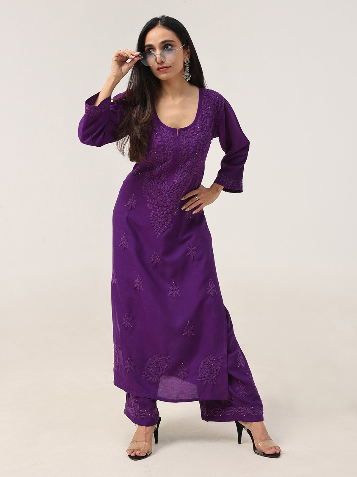 Gulistaan Purple 2 piece Rayon Kurta Plazzo set