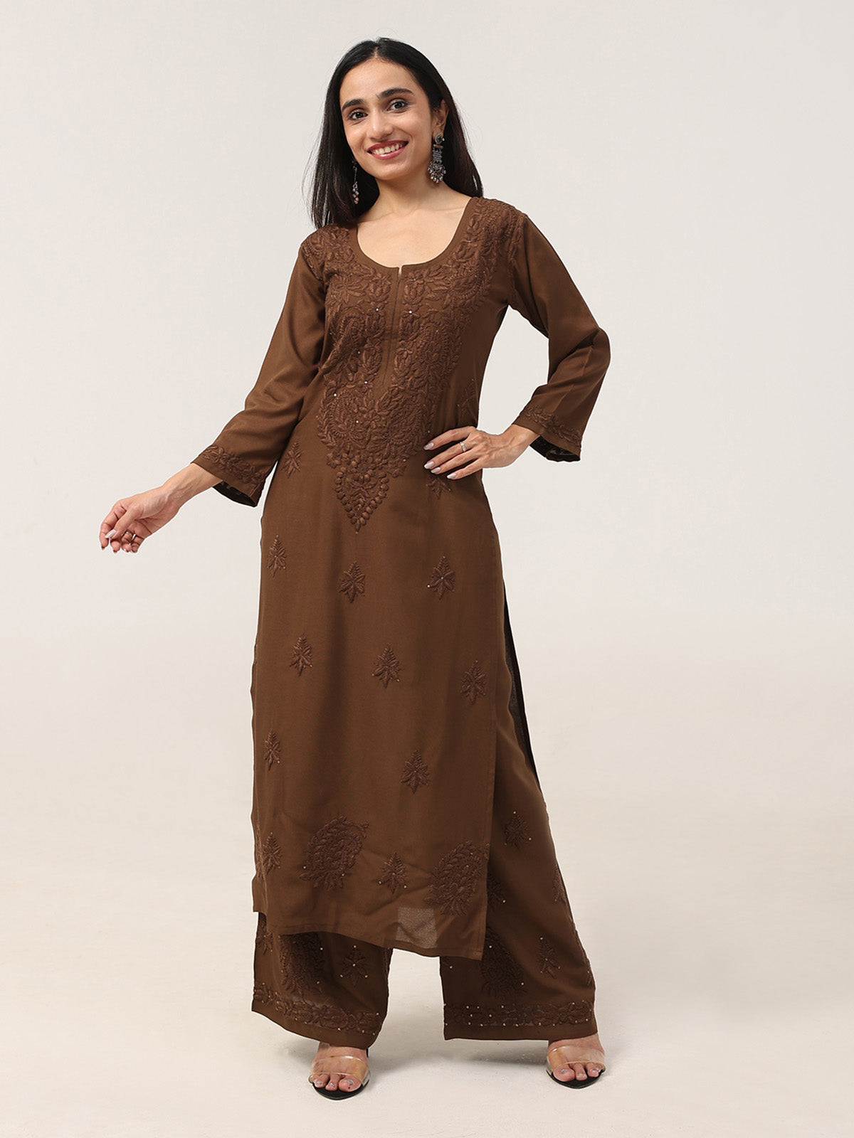Gulistaan Brown 2 piece Rayon Kurta Plazzo set