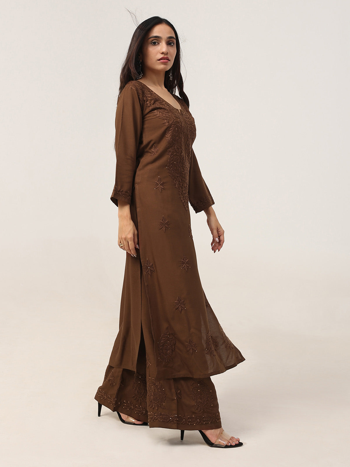 Gulistaan Brown 2 piece Rayon Kurta Plazzo set