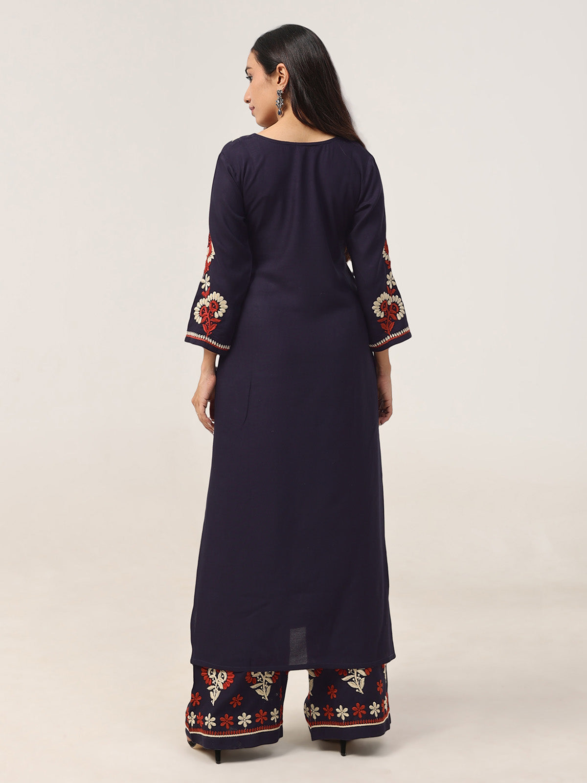 Sanvi Navy Blue Floral Embroidered Kurta with Palazzo Set