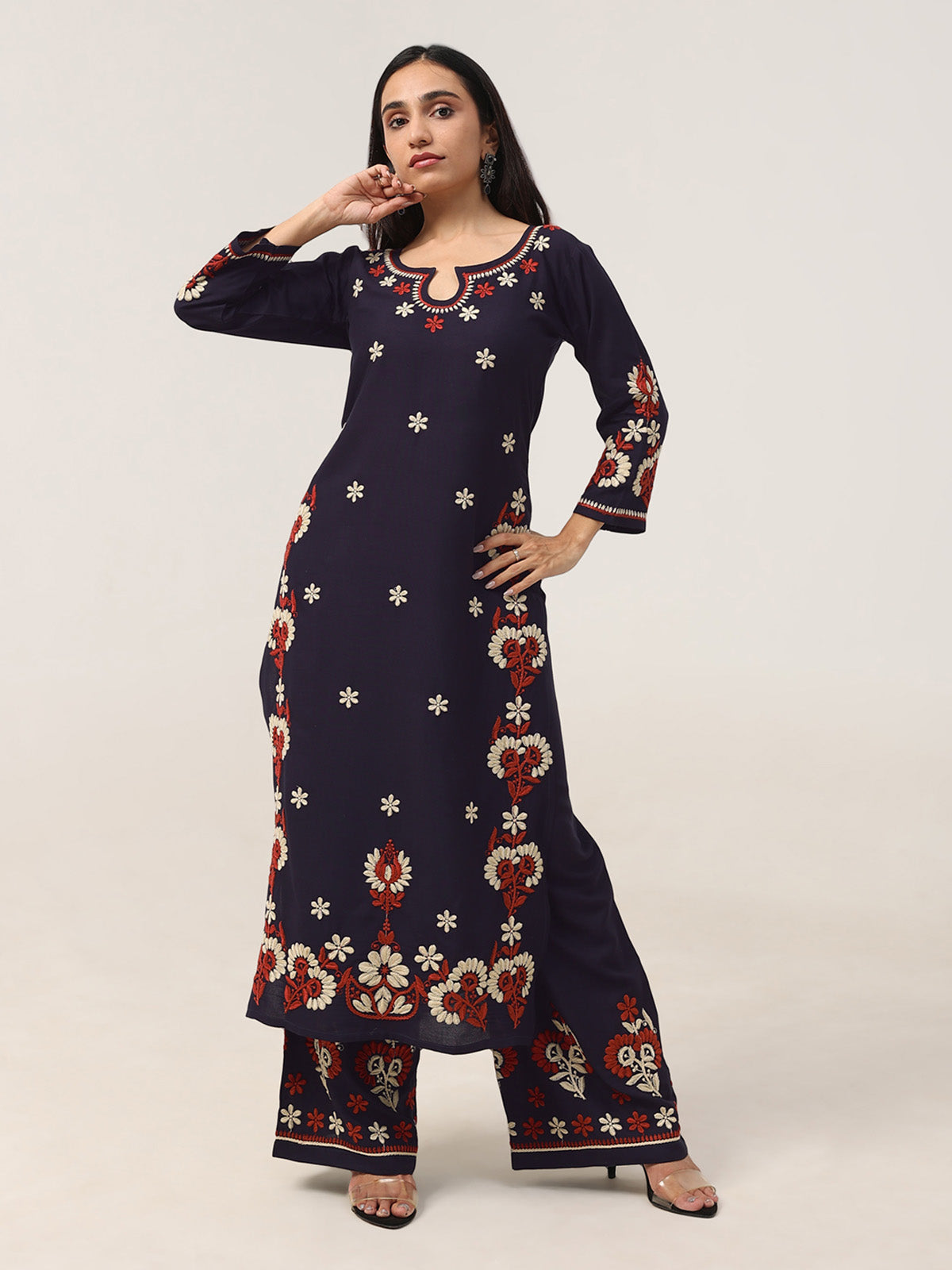 Sanvi Navy Blue Floral Embroidered Kurta with Palazzo Set