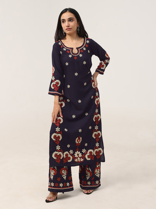 Sanvi Navy Blue Floral Embroidered Kurta with Palazzo Set