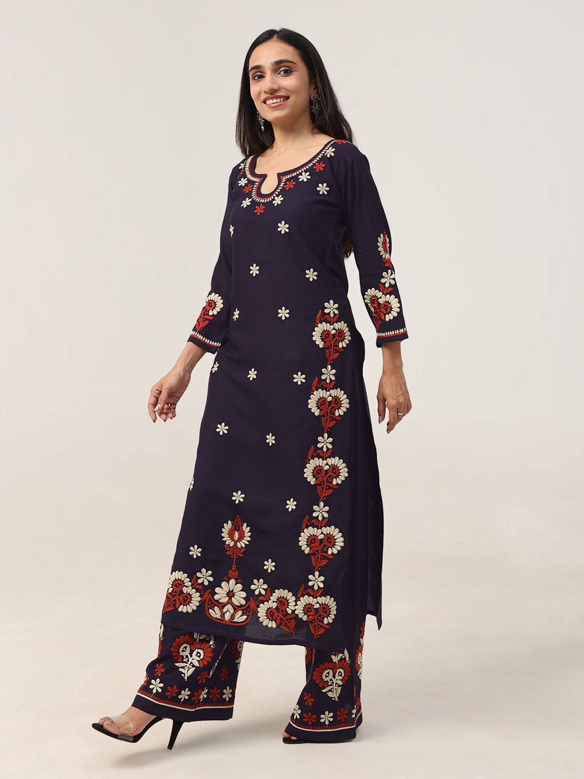 Sanvi Navy Blue Floral Embroidered Kurta with Palazzo Set