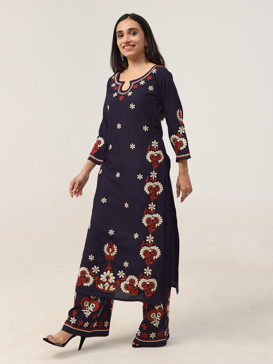 Sanvi Navy Blue Floral Embroidered Kurta with Palazzo Set