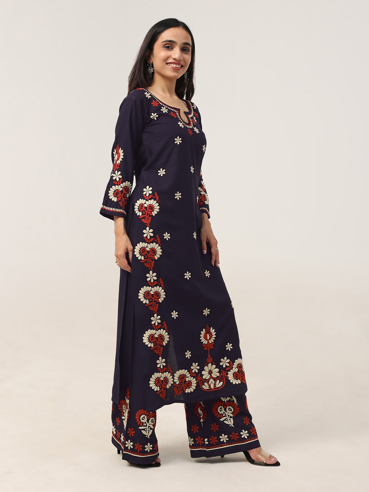 Sanvi Navy Blue Floral Embroidered Kurta with Palazzo Set