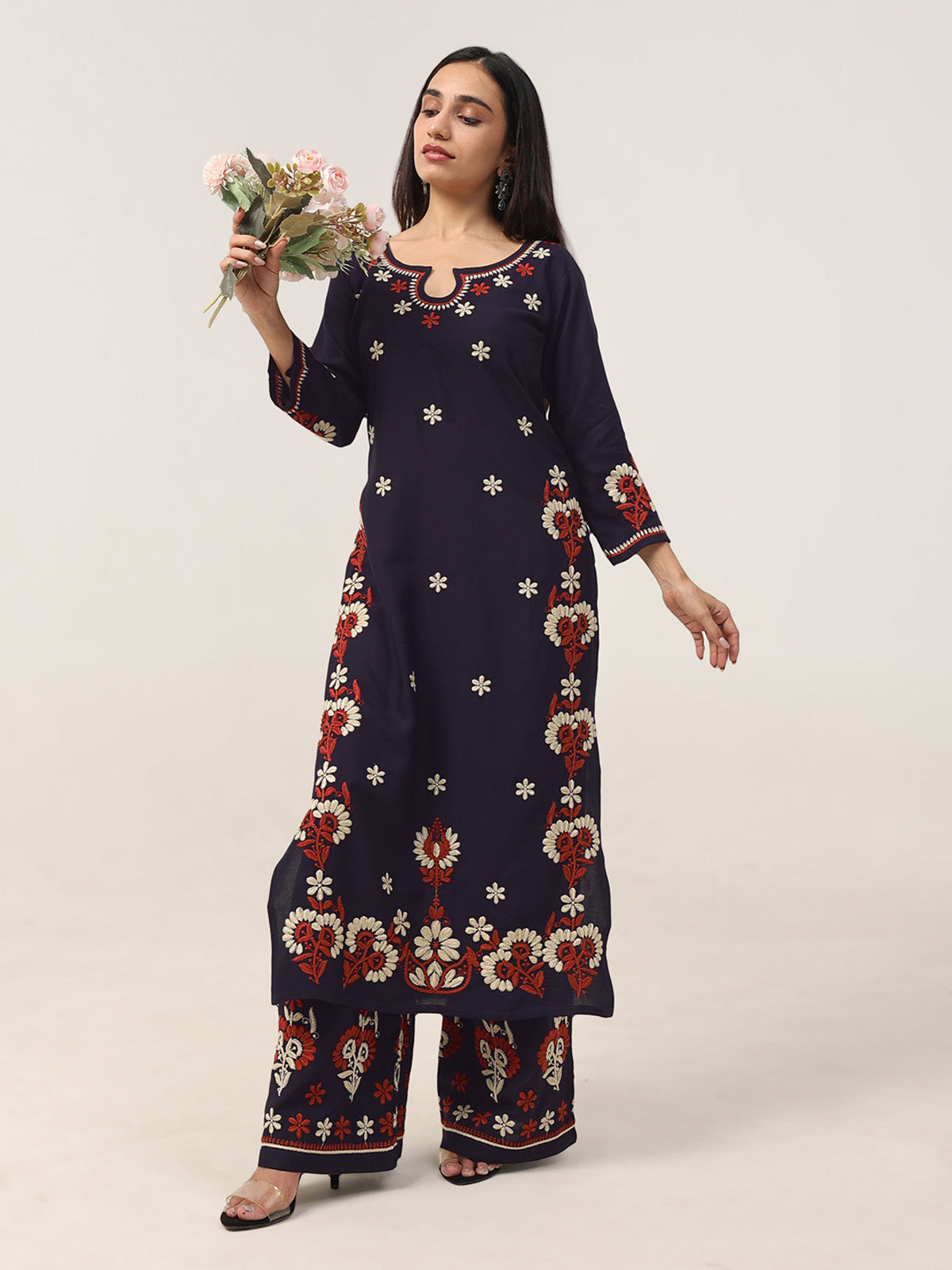 Sanvi Navy Blue Floral Embroidered Kurta with Palazzo Set