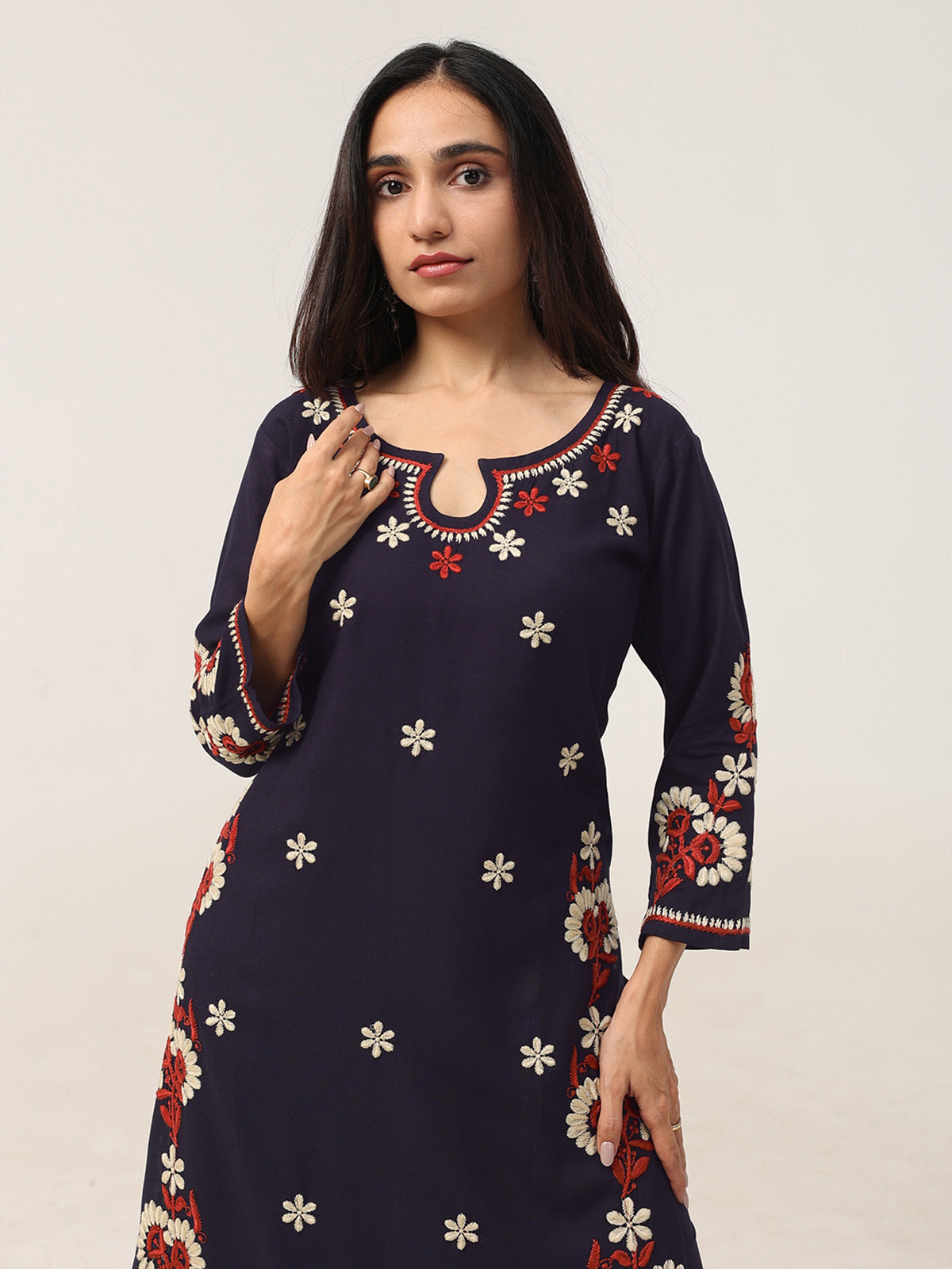 Sanvi Navy Blue Floral Embroidered Kurta with Palazzo Set