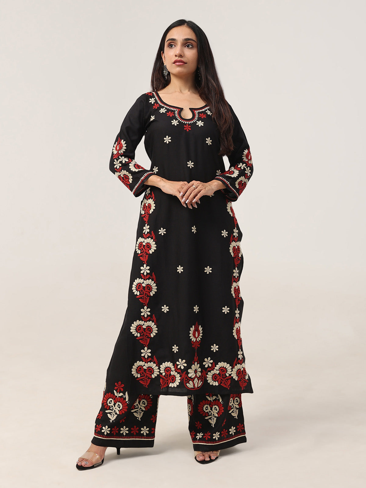 Sanvi Black Floral Embroidered Kurta with Palazzo Set