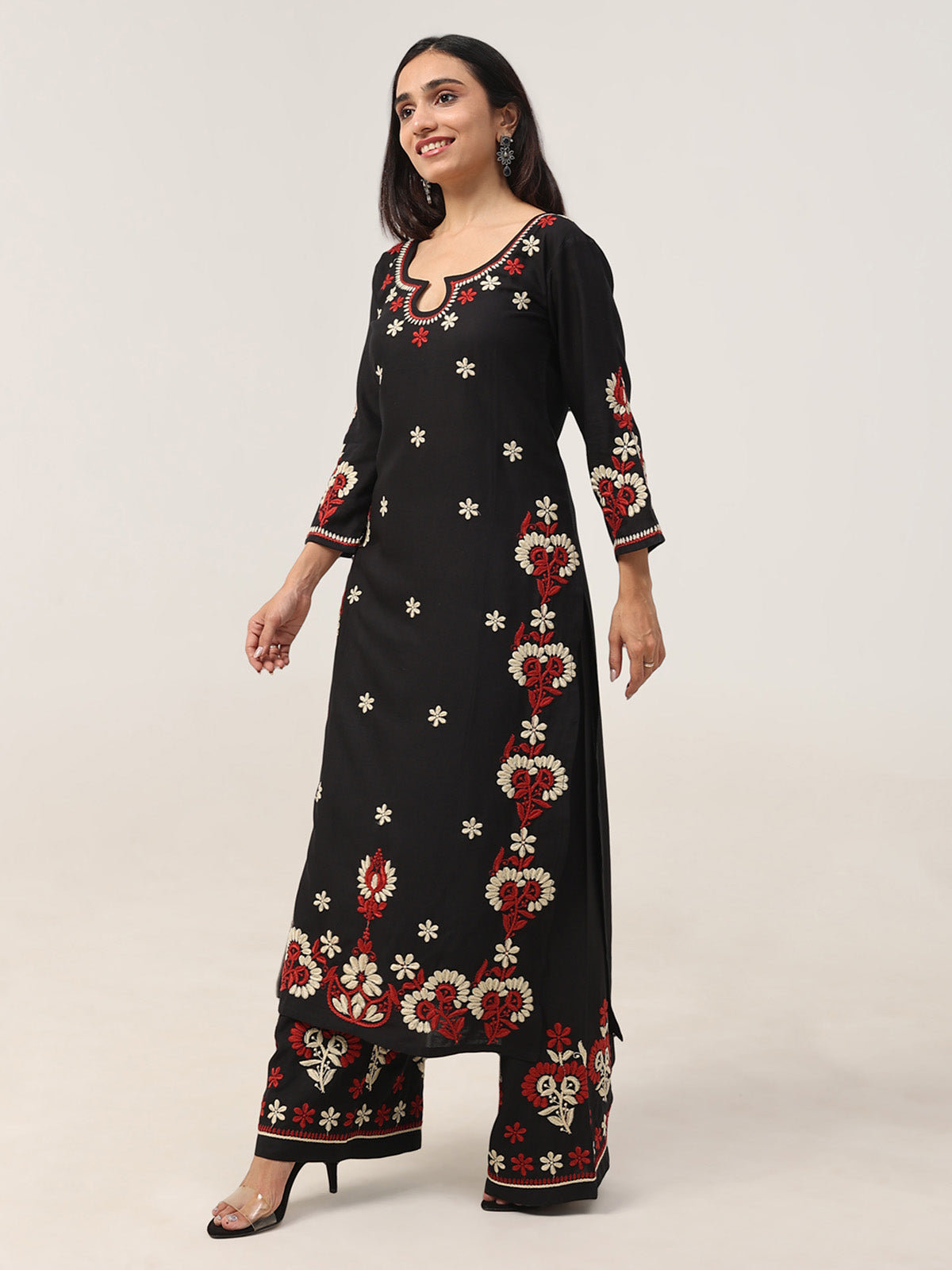Sanvi Black Floral Embroidered Kurta with Palazzo Set