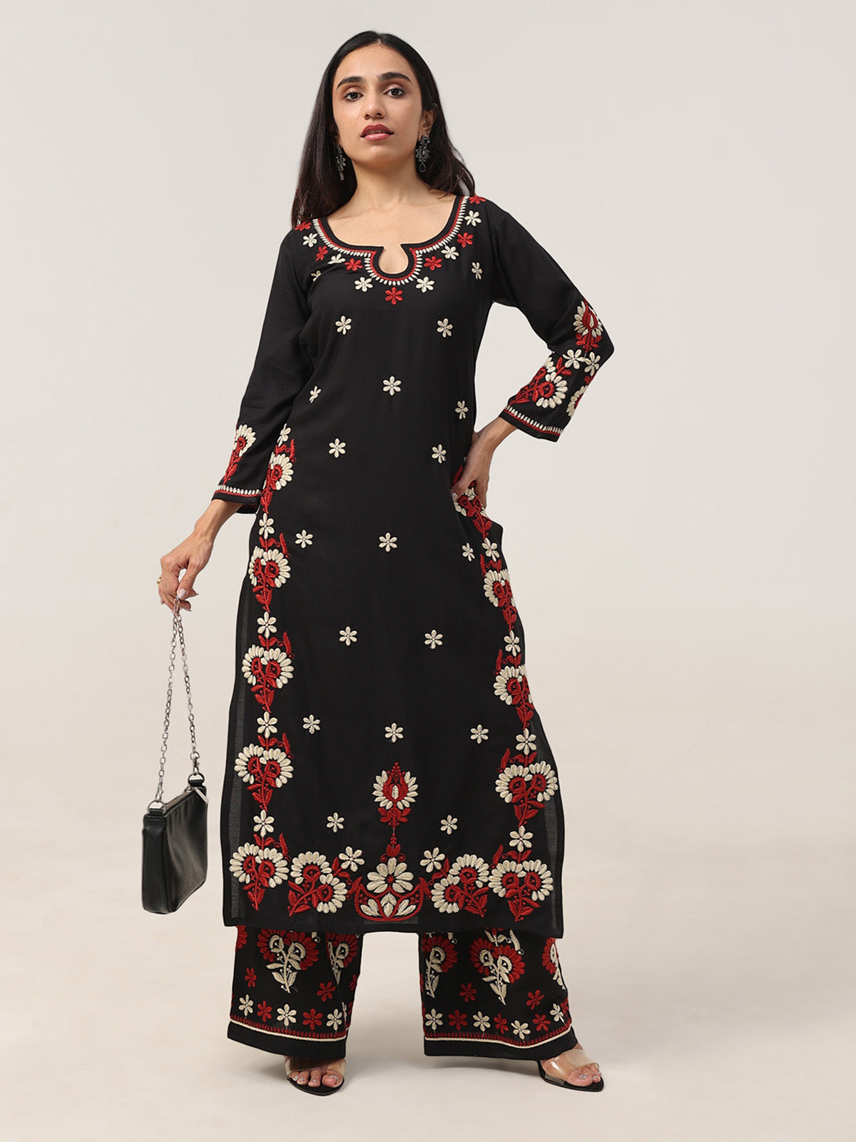 Sanvi Black Floral Embroidered Kurta with Palazzo Set