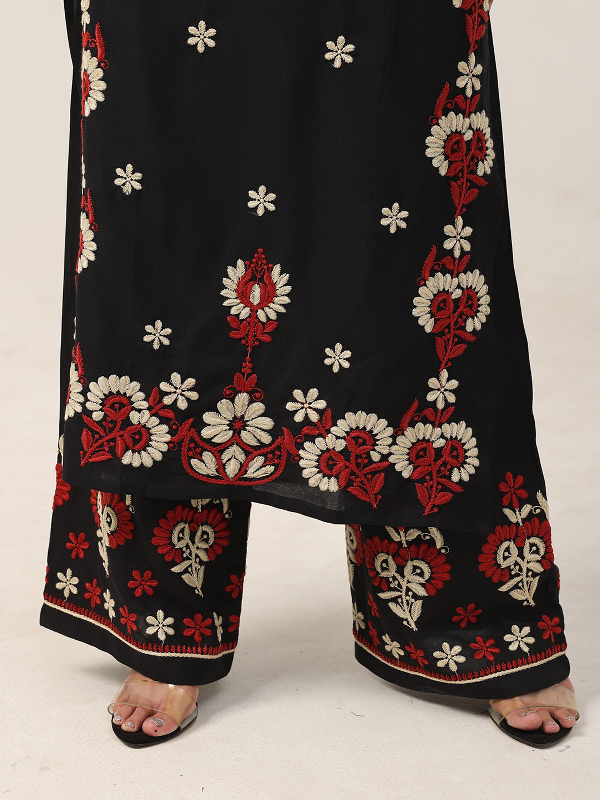 Sanvi Black Floral Embroidered Kurta with Palazzo Set