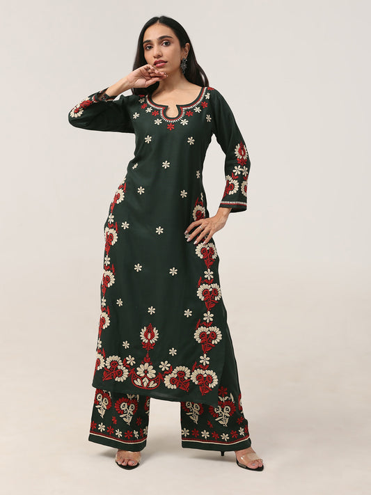 Sanvi Green Floral Embroidered Kurta with Palazzo Set