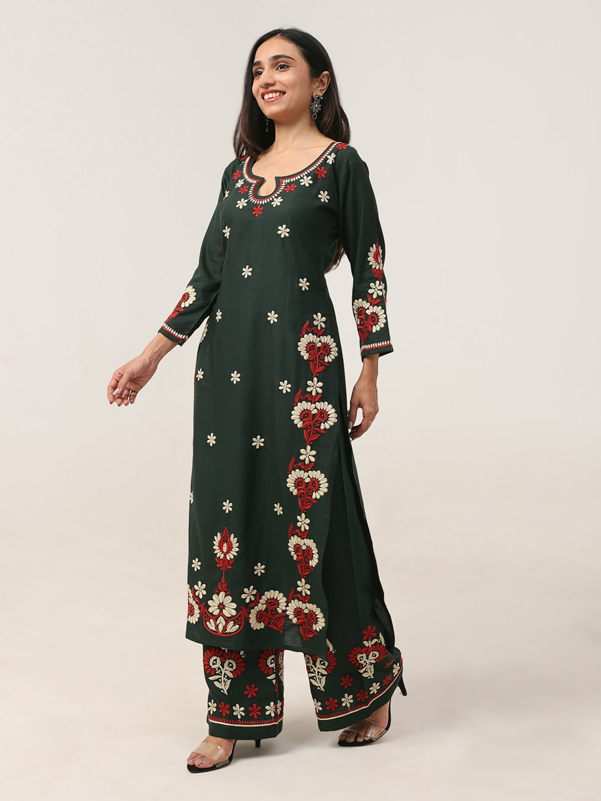 Sanvi Green Floral Embroidered Kurta with Palazzo Set
