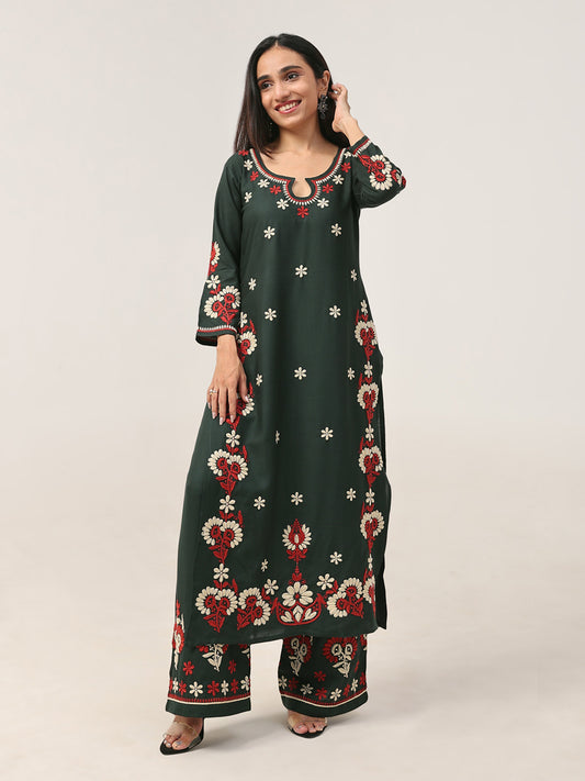 Sanvi Green Floral Embroidered Kurta with Palazzo Set