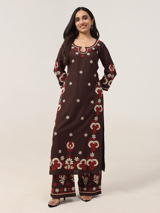 Sanvi Brown Floral Embroidered Kurta with Palazzo Set