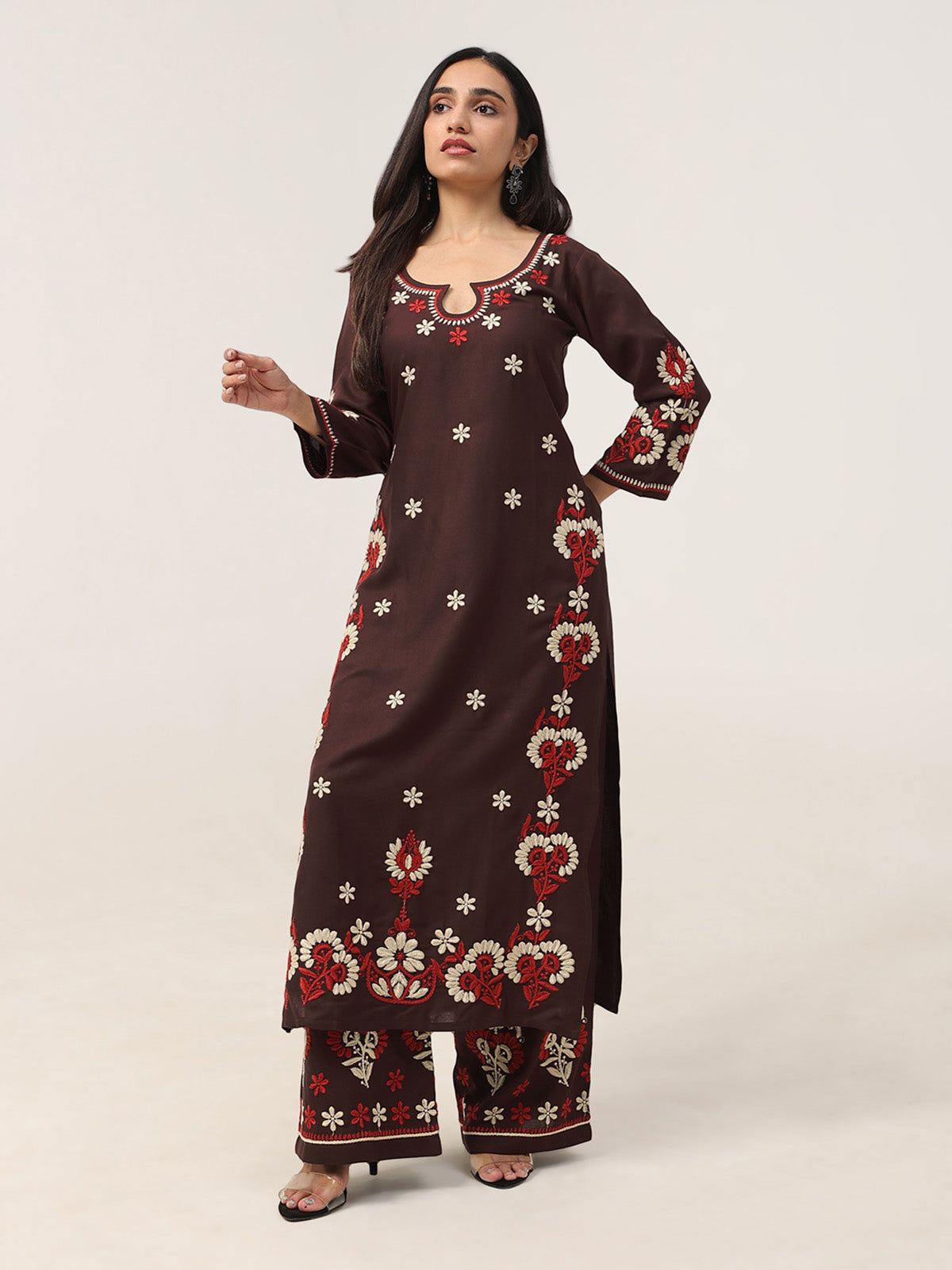 Sanvi Brown Floral Embroidered Kurta with Palazzo Set