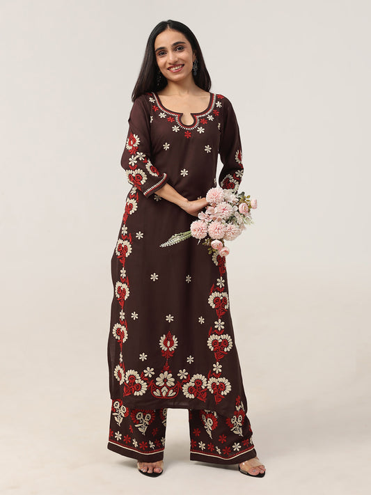 Sanvi Brown Floral Embroidered Kurta with Palazzo Set