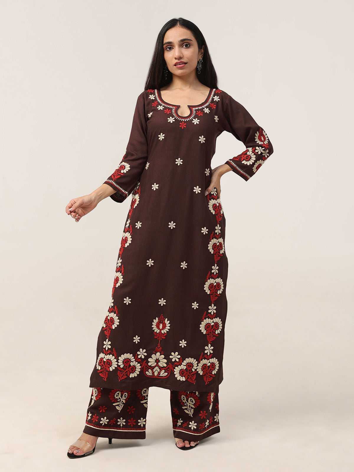 Sanvi Brown Floral Embroidered Kurta with Palazzo Set