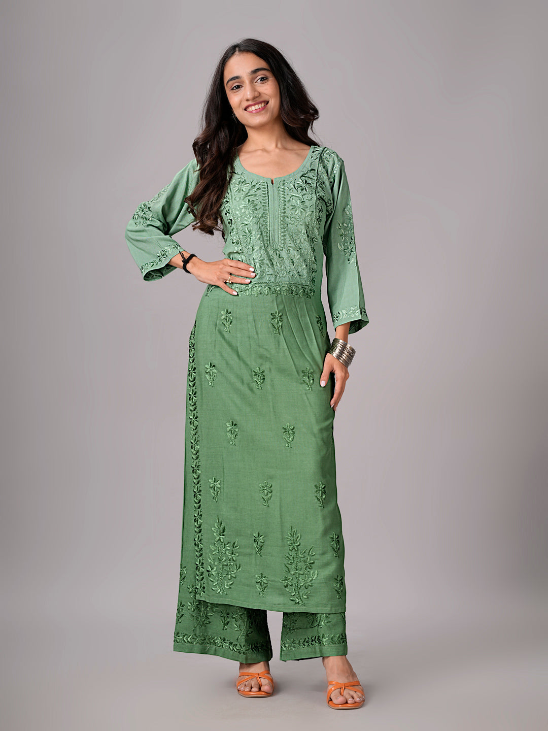 anora Sage Green Rayon Kurta Pant set
