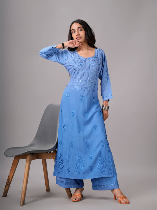 anora Ice Blue Rayon Kurta Pant set