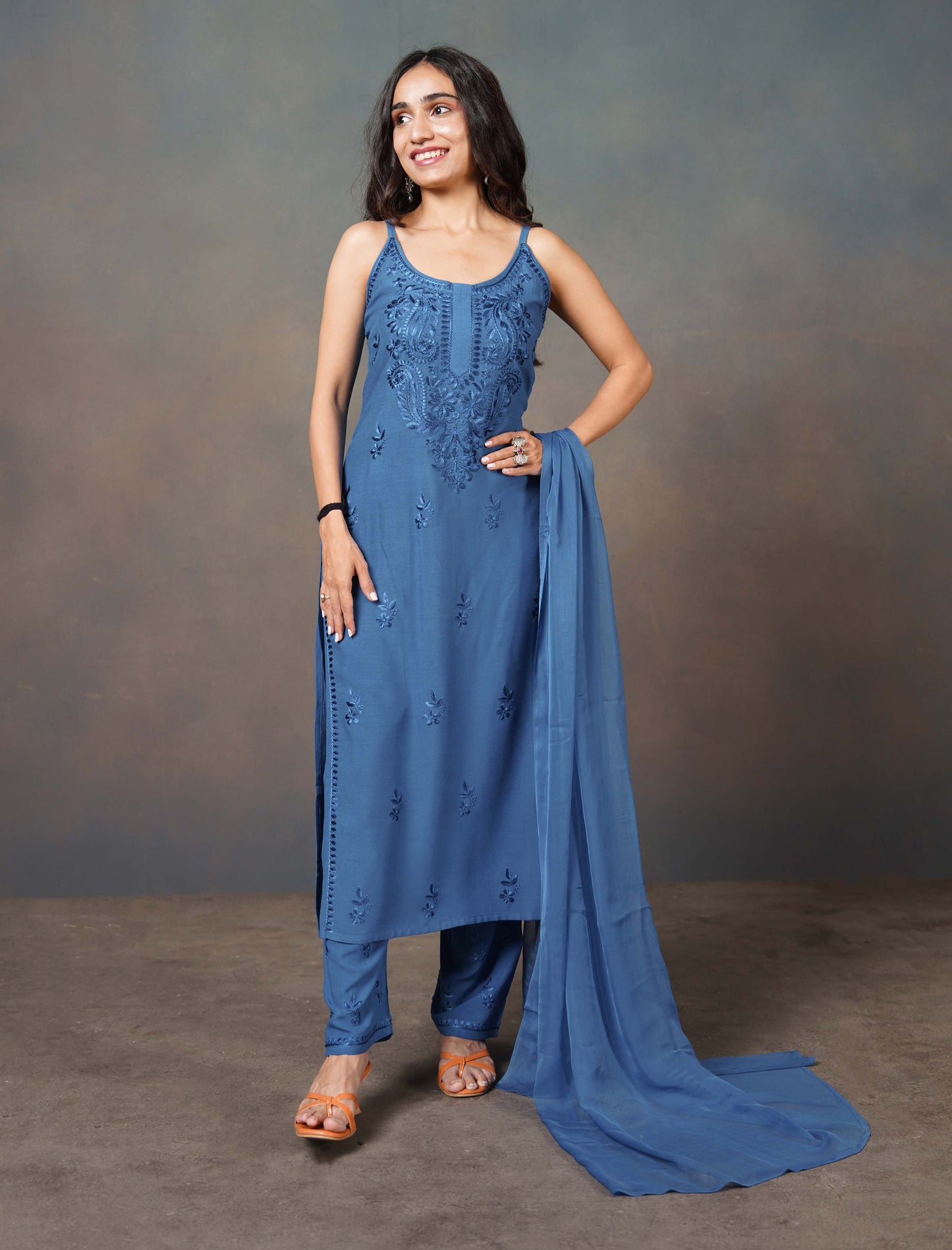 Falak Sapphire Blue Noodle Strap 3 Piece Kurta set