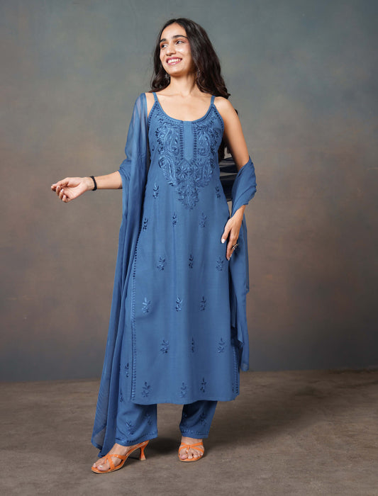 Falak Sapphire Blue Noodle Strap 3 Piece Kurta set