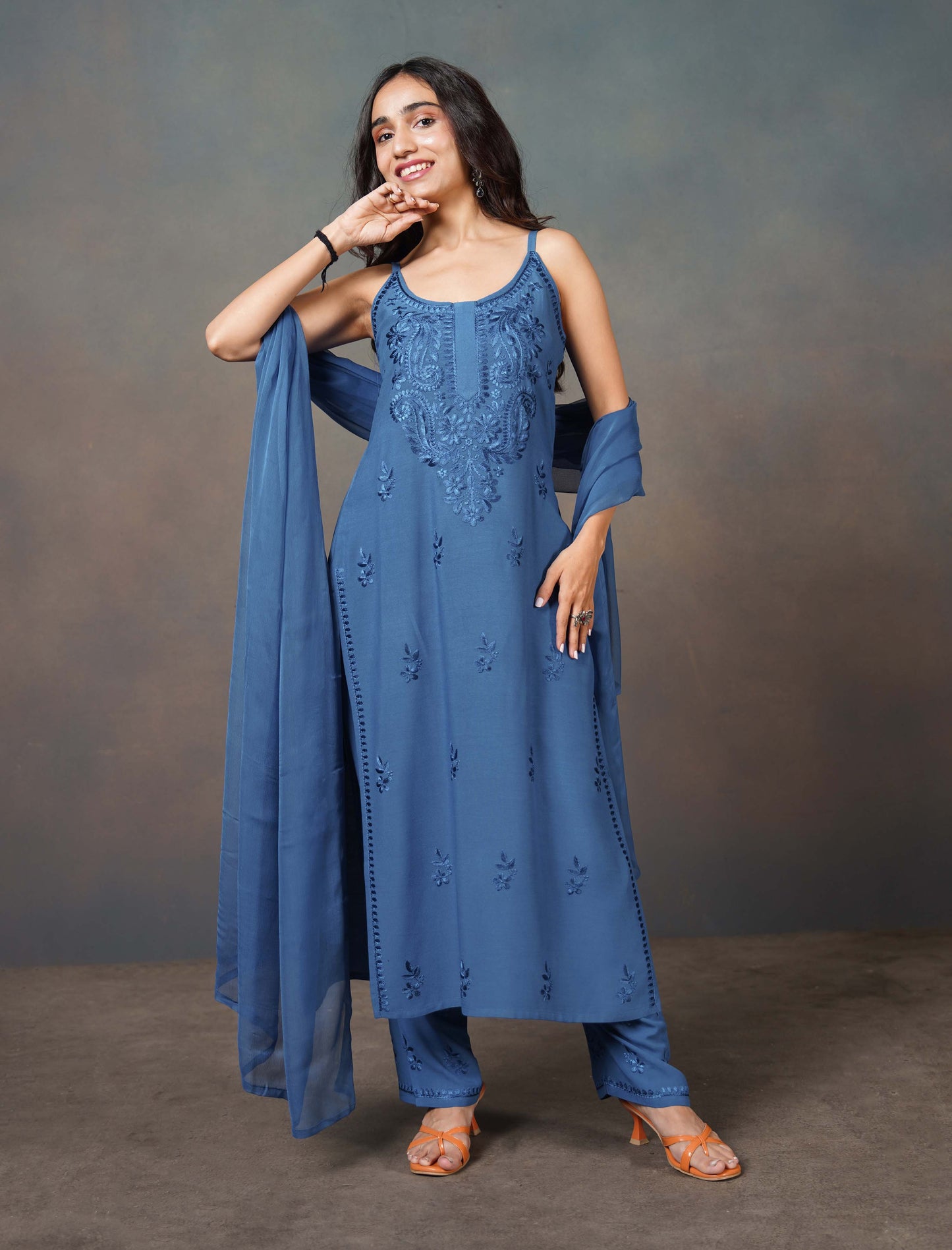 Falak Sapphire Blue Noodle Strap 3 Piece Kurta set