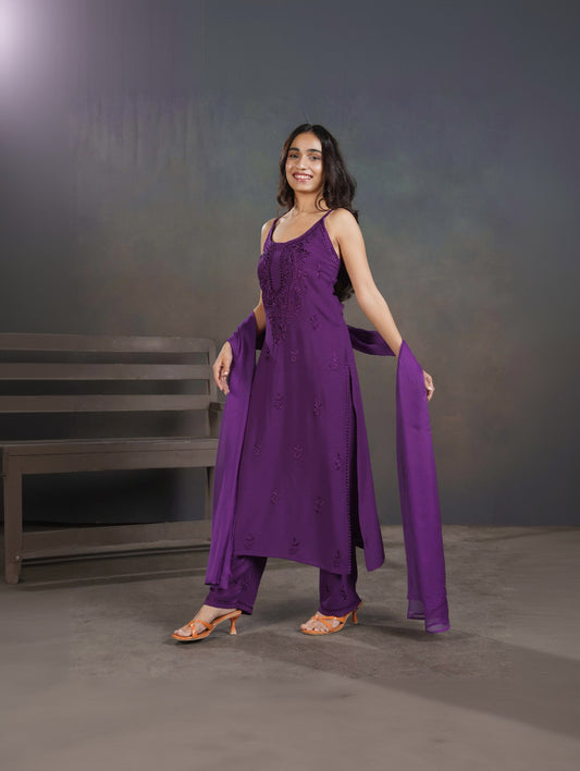 Falak deep purple noodle strap 3 piece suit set