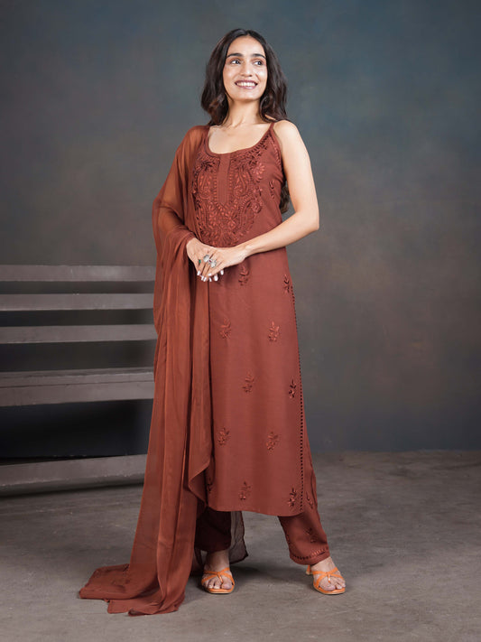 Falak Chocolate Brown Noodle Strap 3 Piece Kurta set