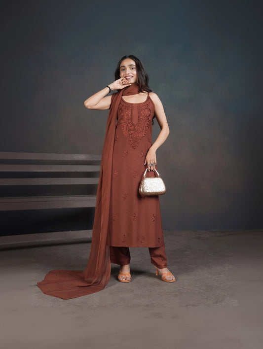 Falak Chocolate Brown Noodle Strap 3 Piece Kurta set