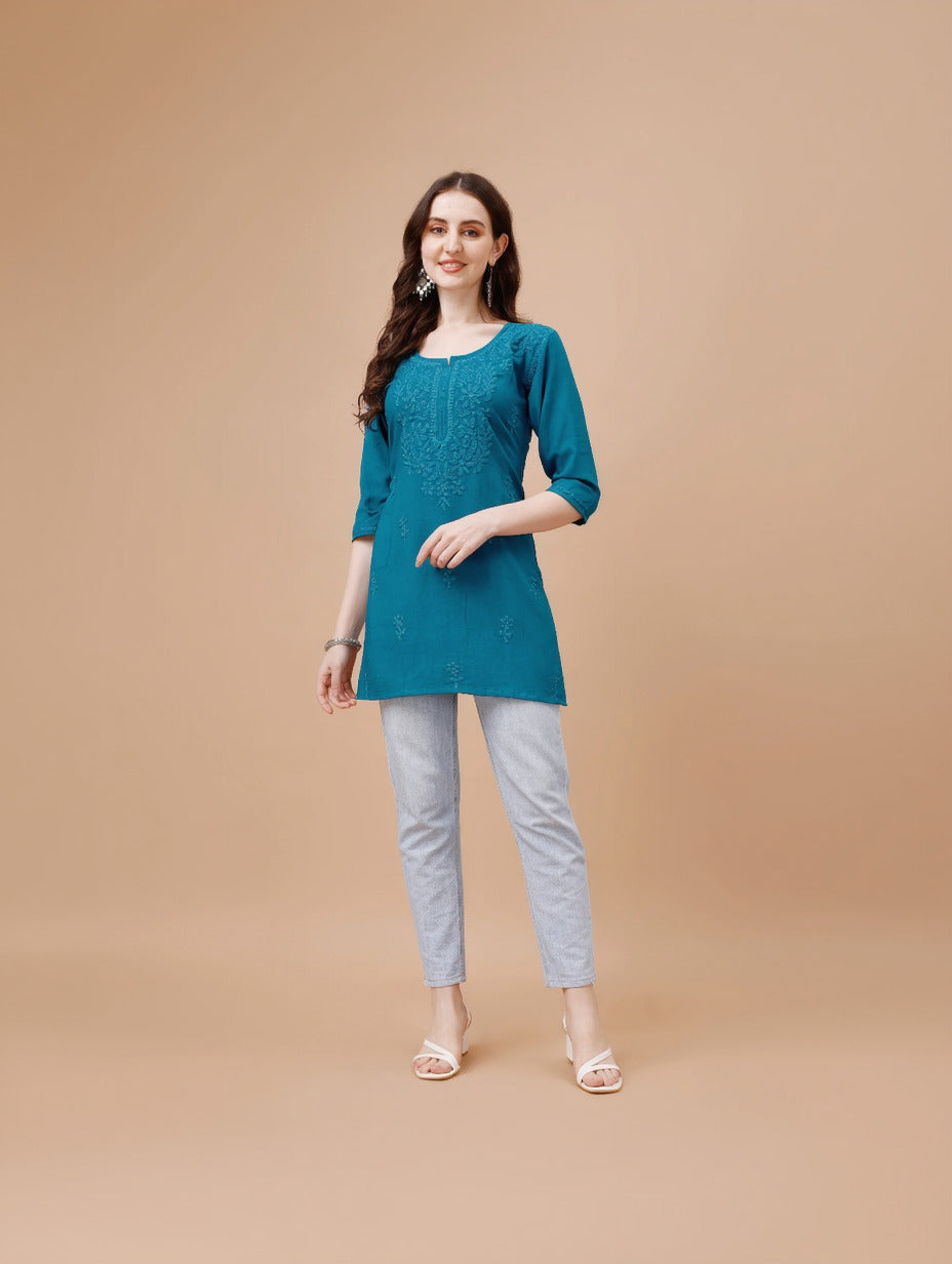 Kyara Peacock Blue Short Rayon Kurta – colorkosh