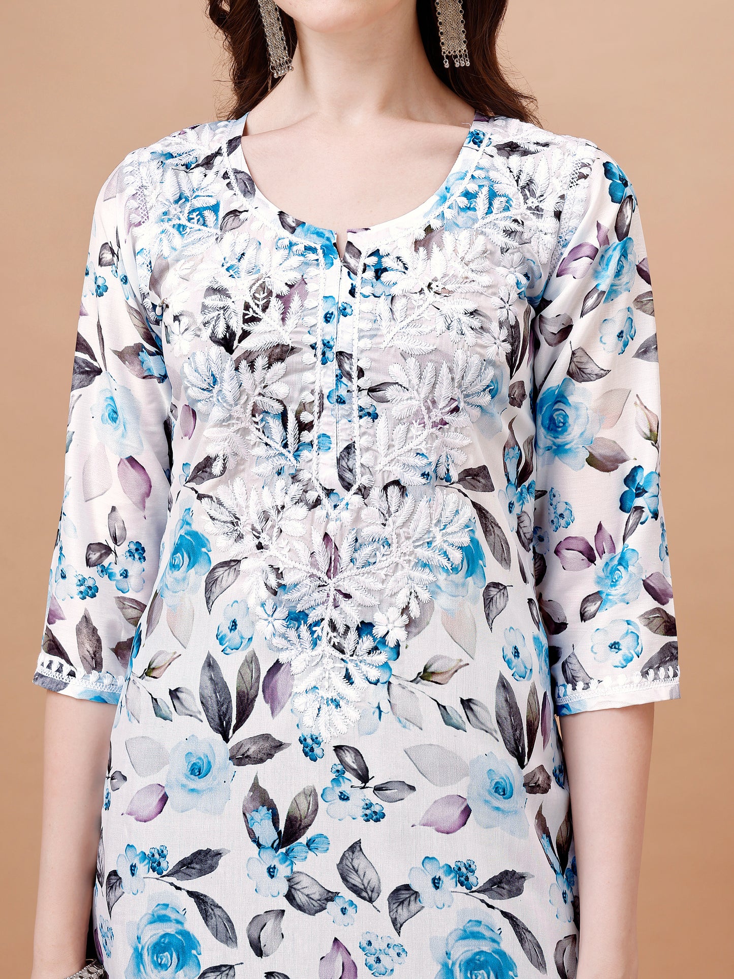 Kasha White & Blue Floral Long MulMul kurta