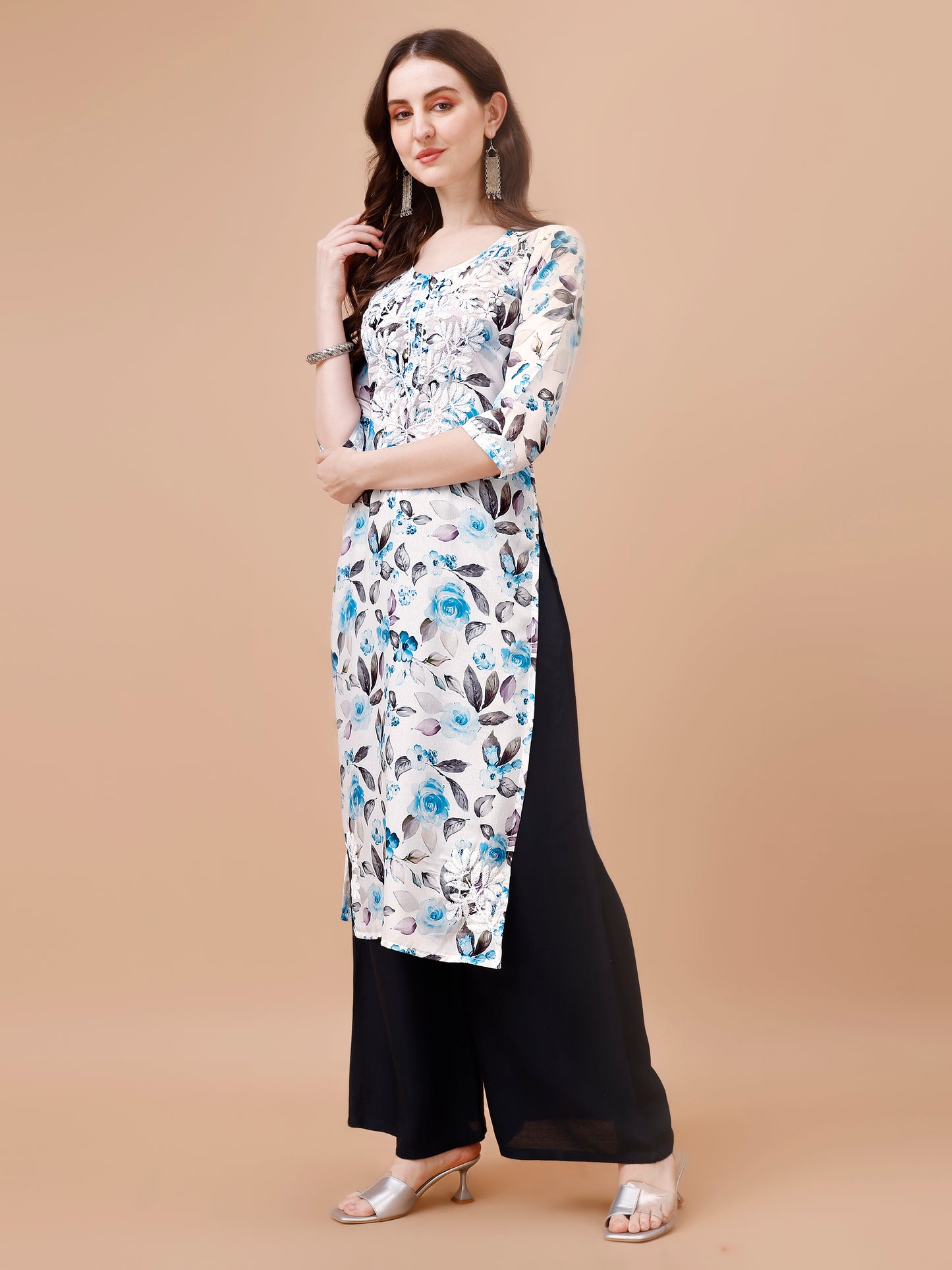 Kasha White & Blue Floral Long MulMul kurta