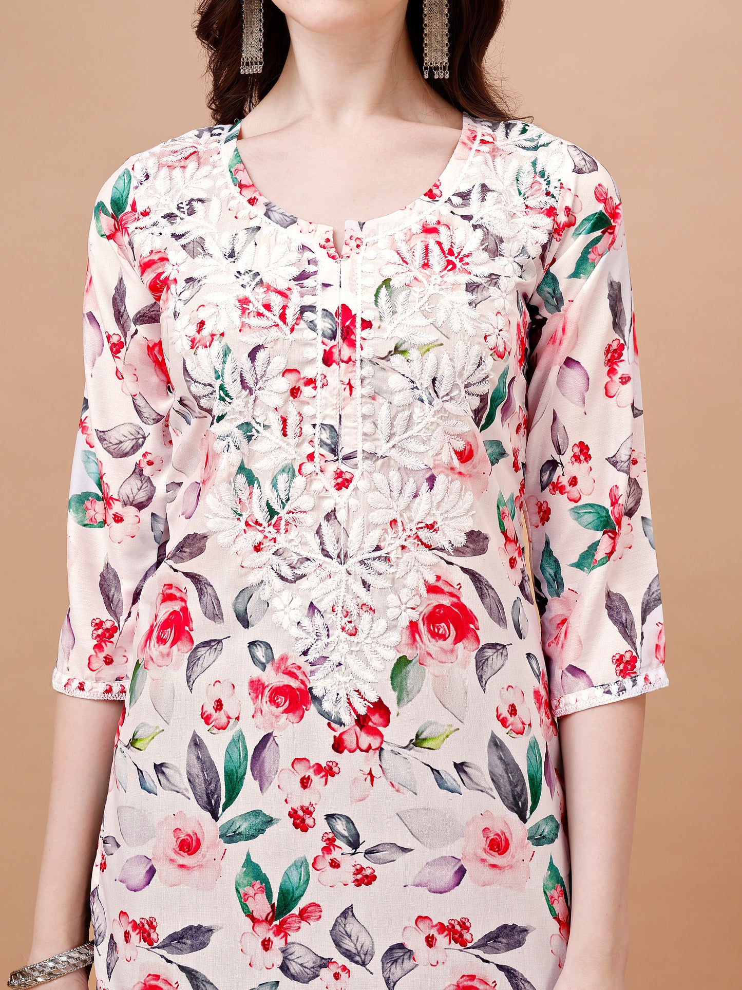 Kasha White & Red Floral Long MulMul kurta