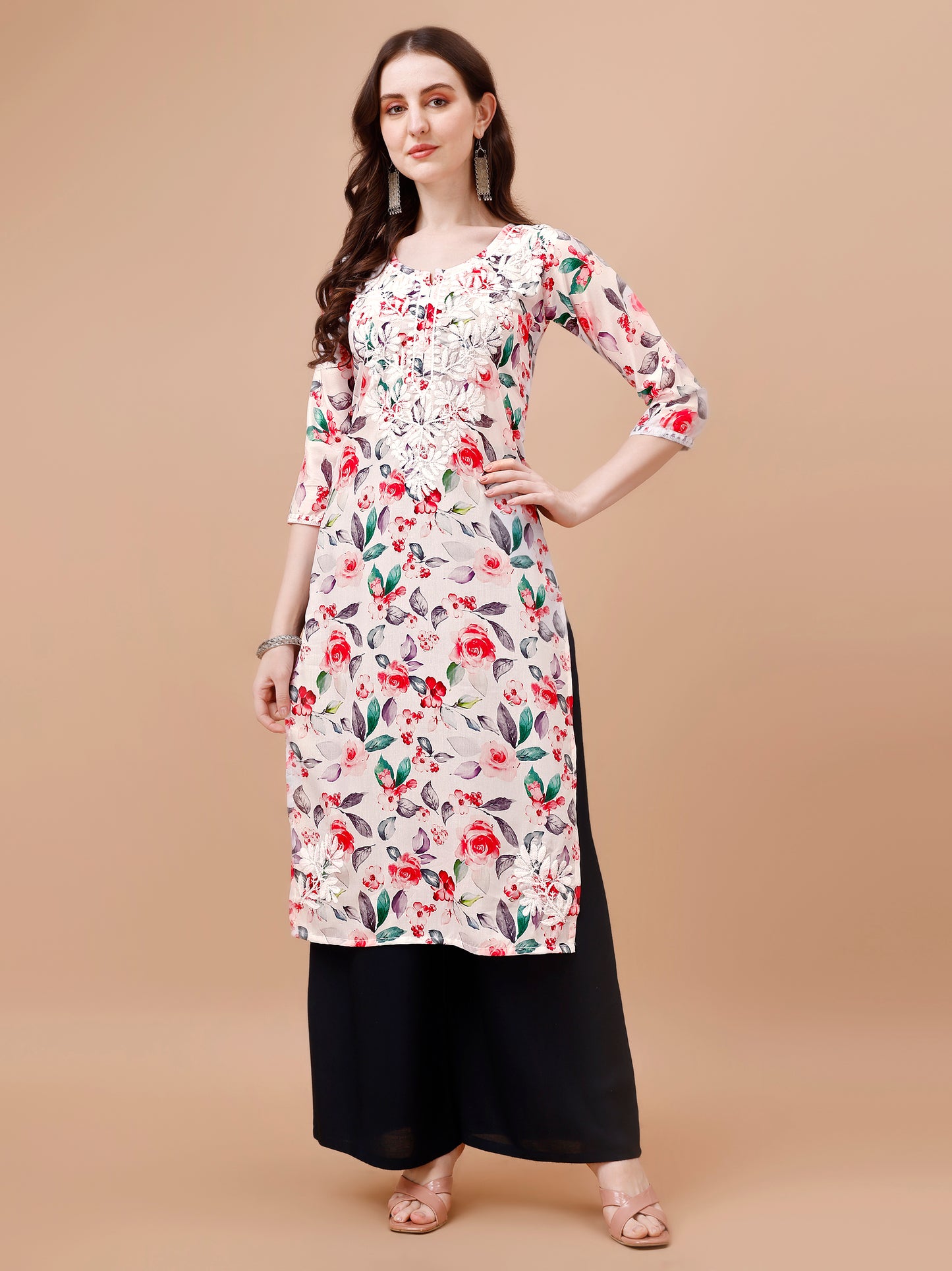Kasha White & Red Floral Long MulMul kurta