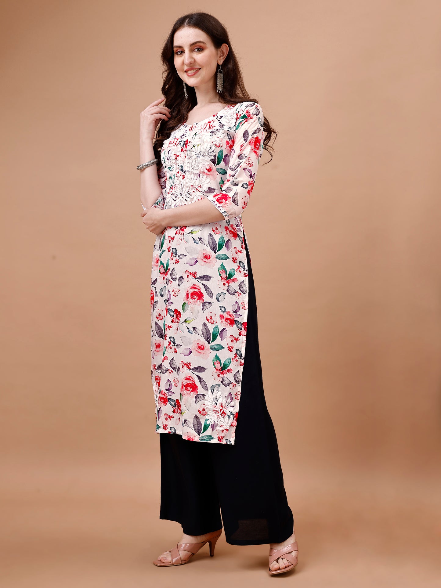 Kasha White & Red Floral Long MulMul kurta