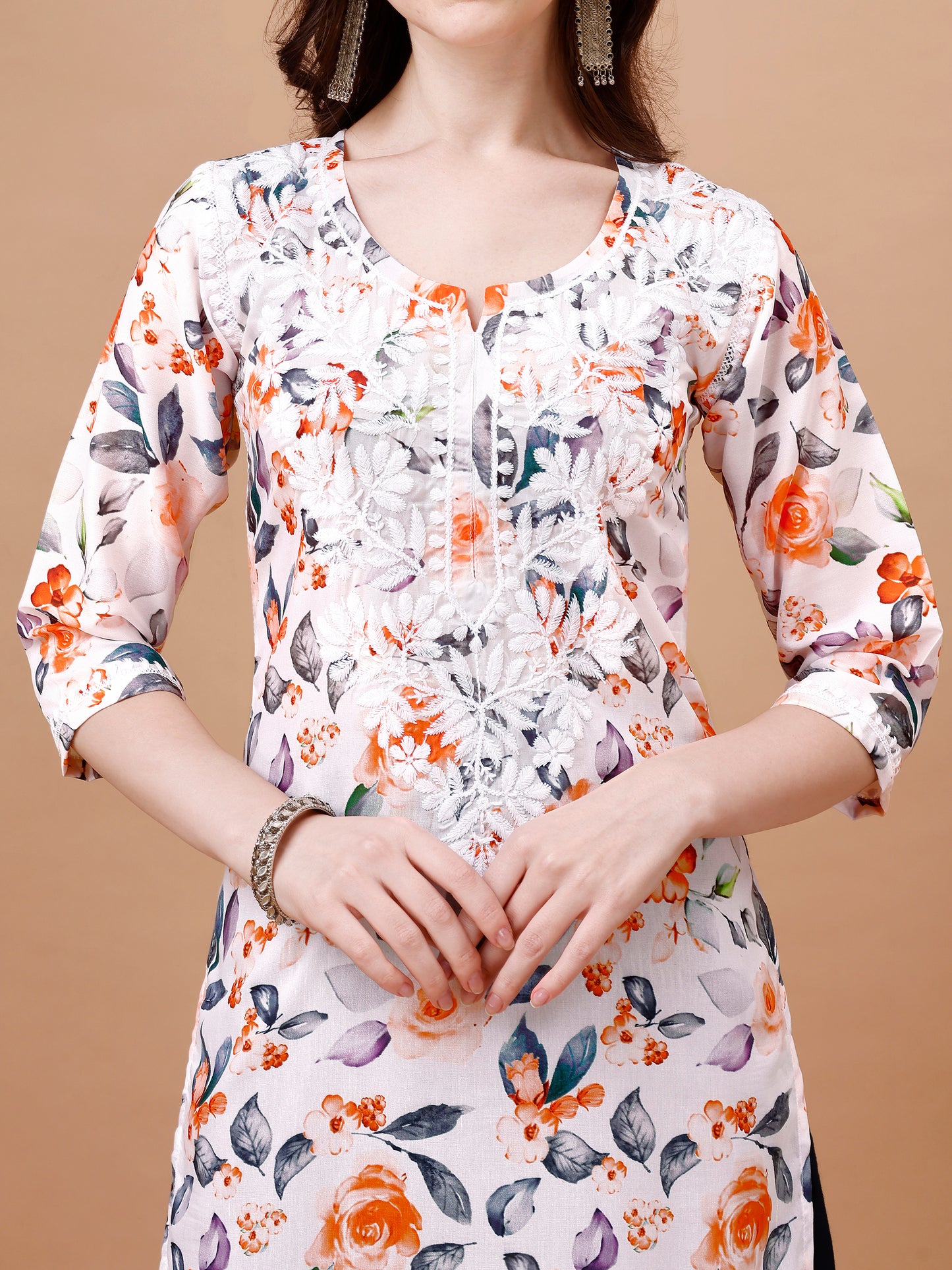 Kasha White & Orange Floral Long MulMul kurta