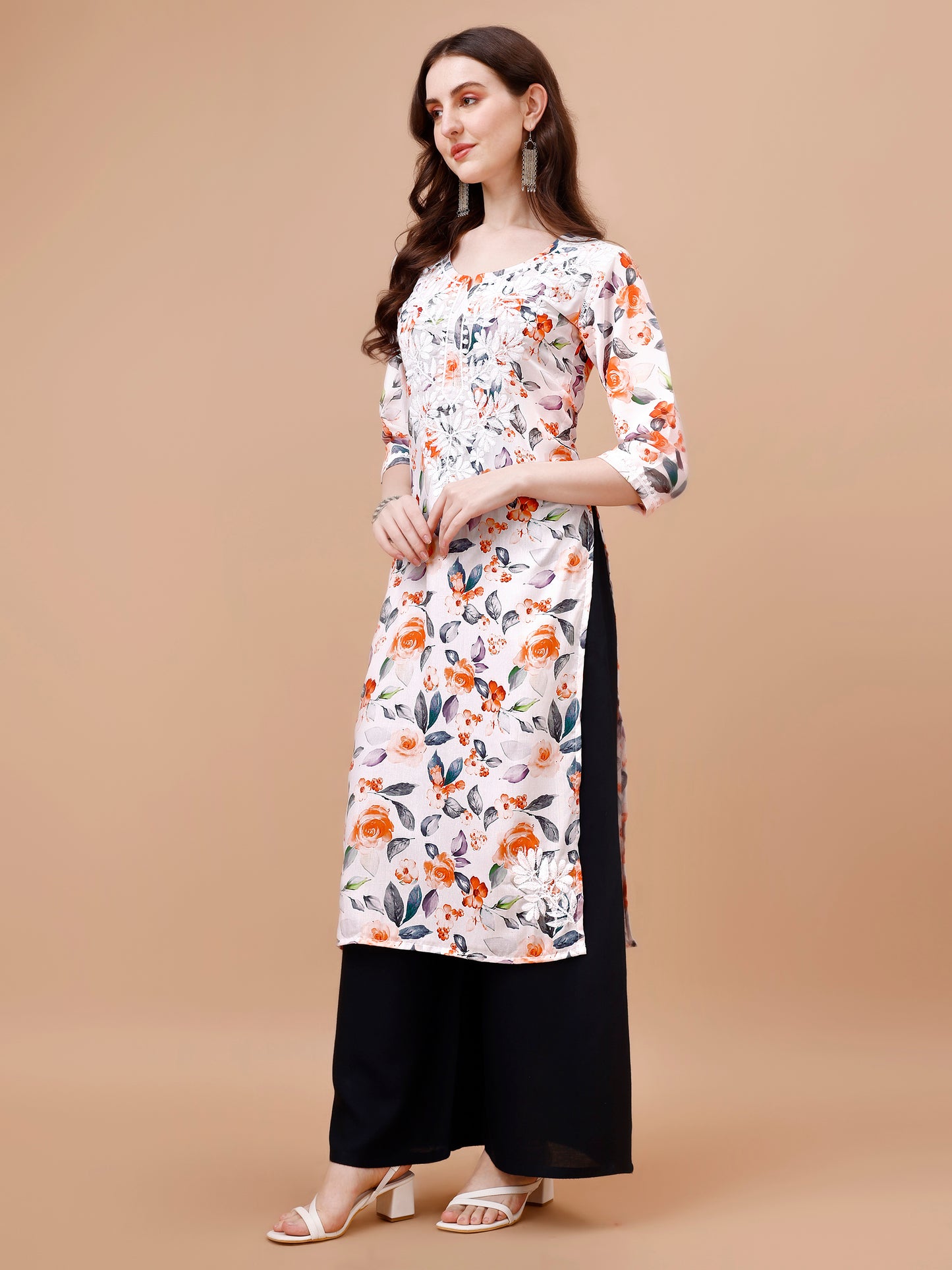 Kasha White & Orange Floral Long MulMul kurta