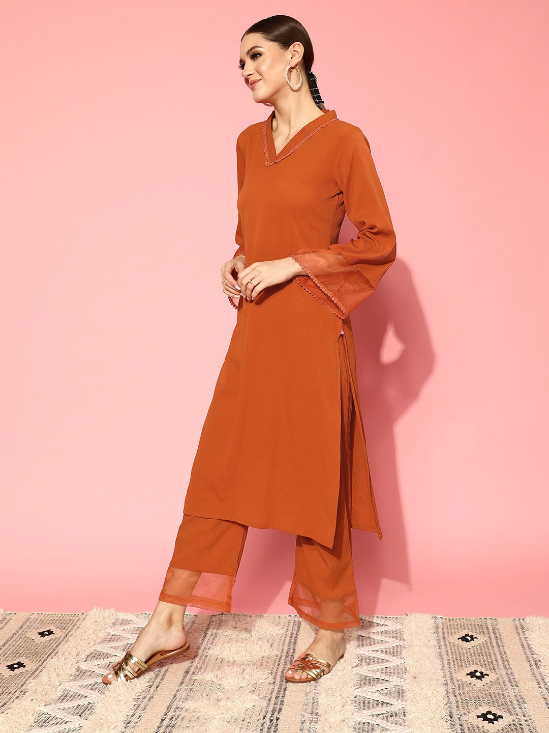Rust Flared Sleeve Organza detailed Solid Kurta & Plazzo