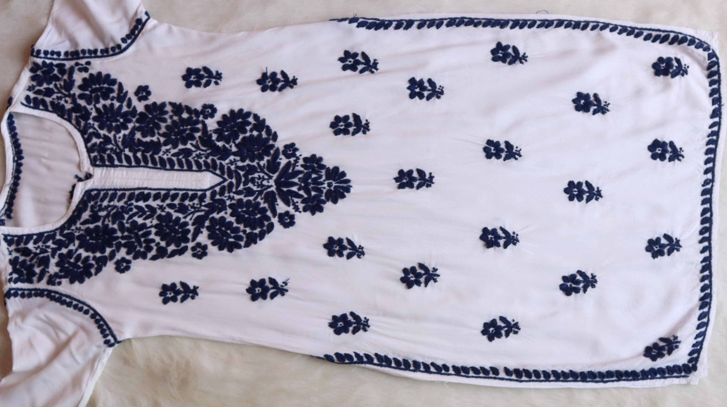 ANTARA White & Navy Blue Long Rayon kurta