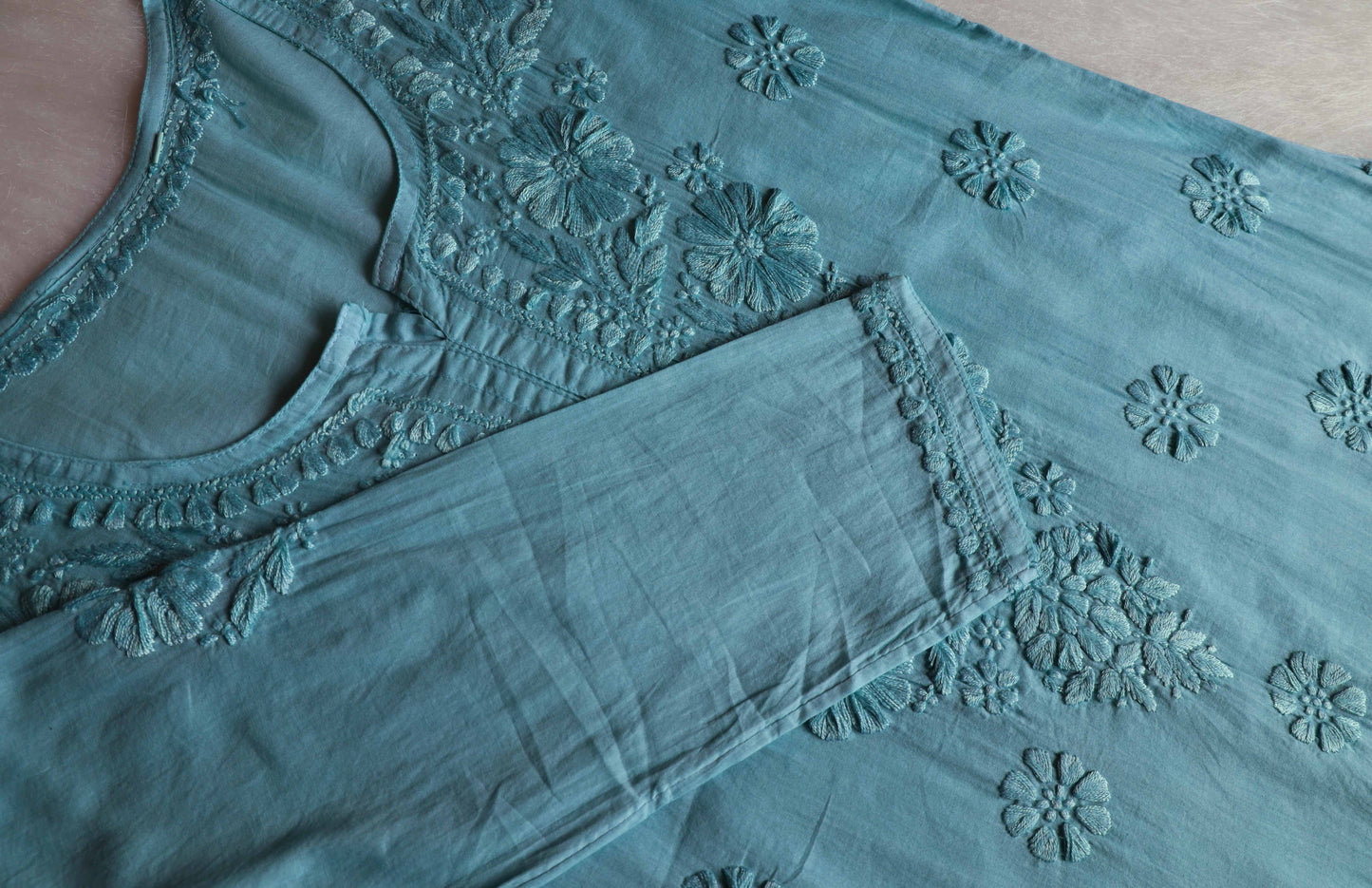 Nazakat Sea Blue Cotton short kurta