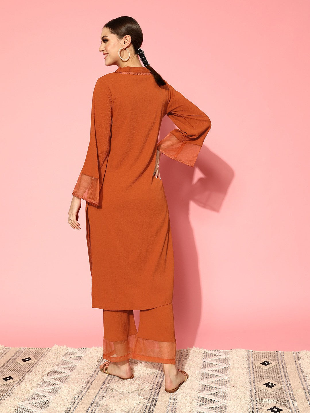 Rust Flared Sleeve Organza detailed Solid Kurta & Plazzo