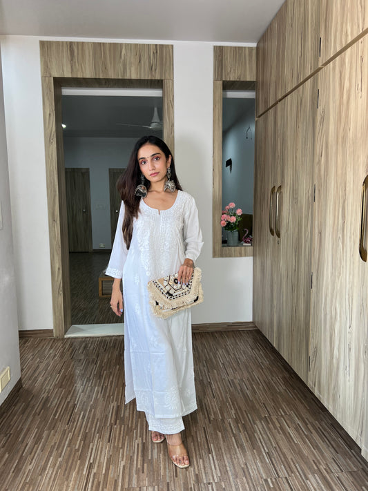 Gulistaan White 2 piece Rayon Kurta Plazzo set