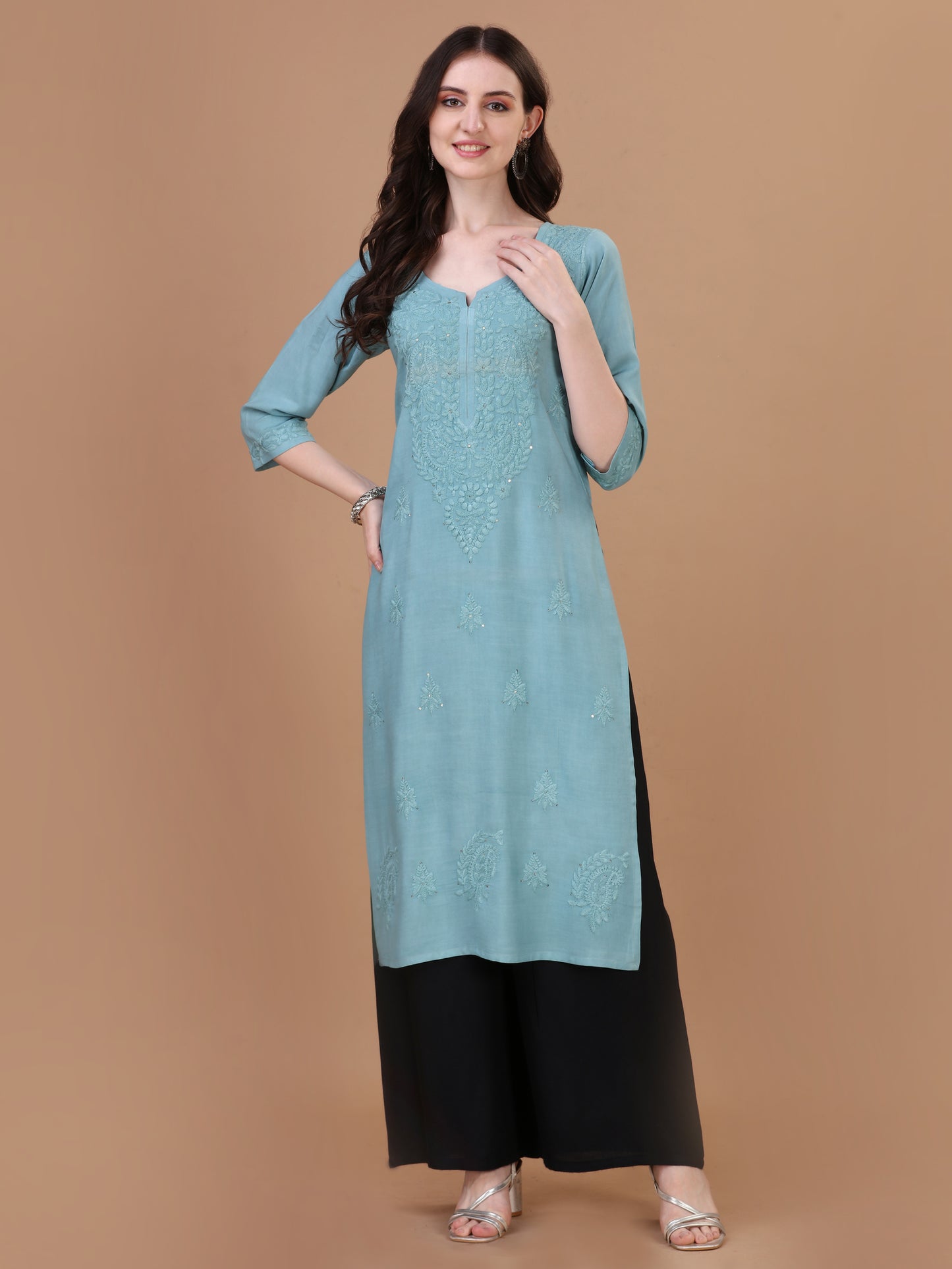 Mirha Slat Greenish Grey Rayon Sequin Embllished Long Kurta
