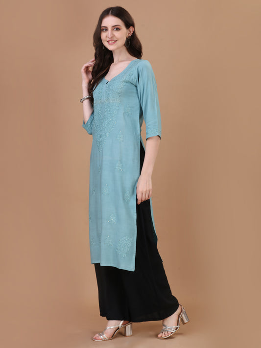 Mirha Slat Greenish Grey Rayon Sequin Embllished Long Kurta
