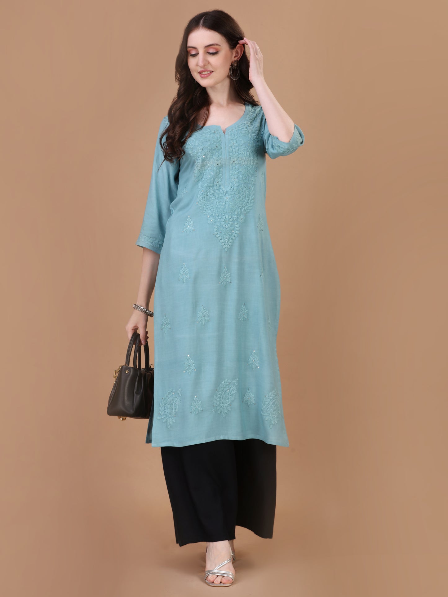 Mirha Slat Greenish Grey Rayon Sequin Embllished Long Kurta